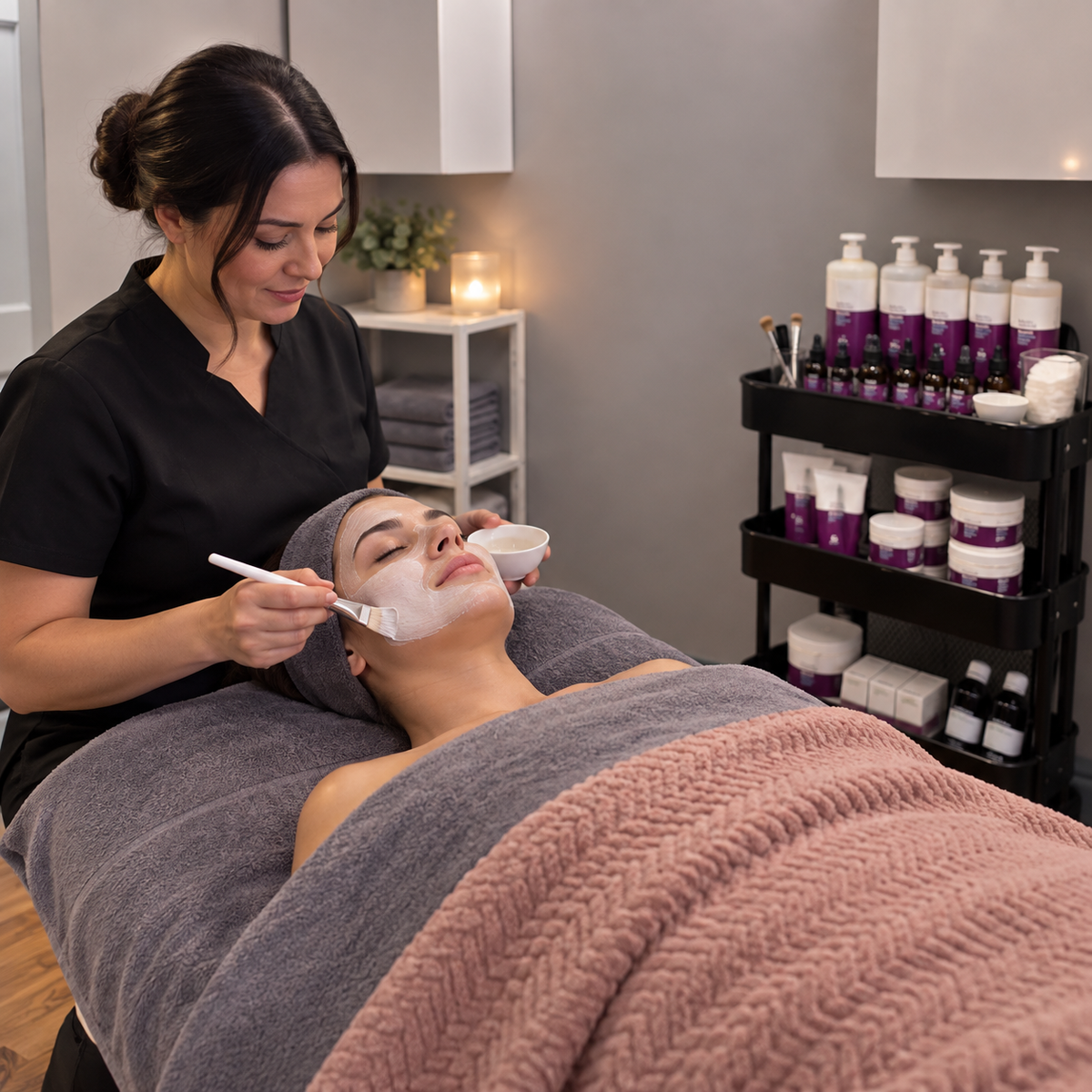 A spa treatment scene with a woman receiving a facial mask while a beautician applies cream to her face. The setting is a calm spa room with a treatment bed, shelves, and a product cart in the background.
