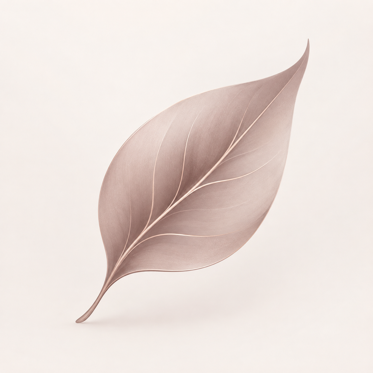 A single stylized leaf illustration in muted blush pink and taupe tones on a warm off-white background.