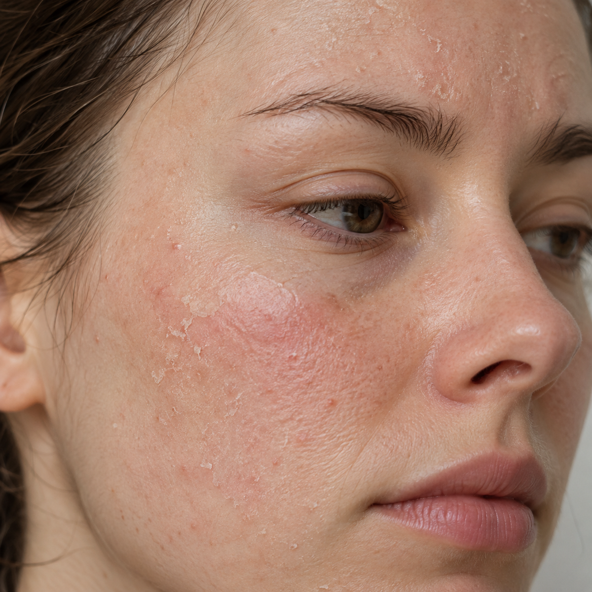 Close-up of a woman's face showing dry, flaky skin on her cheek and forehead, likely demonstrating the effects of a skincare product or treatment.