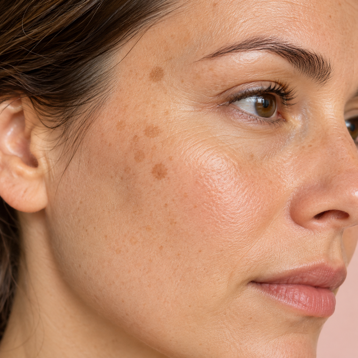 Close-up of a woman's face showing freckles and sun spots on her cheek, likely demonstrating the effects of a skincare treatment or cosmetic product.