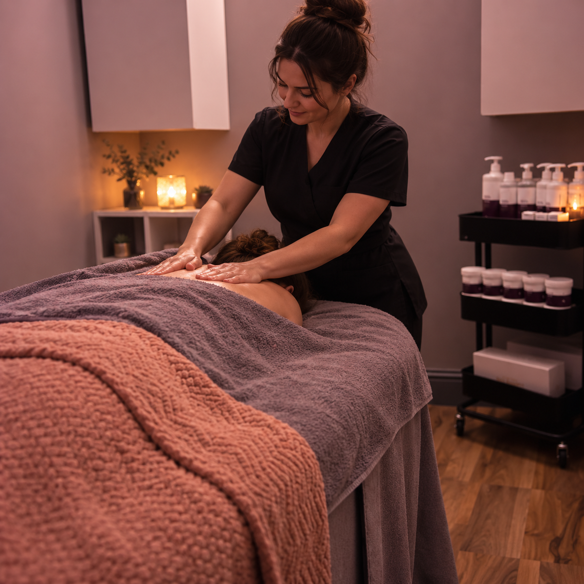 A woman in a spa setting receives a massage on a treatment table, covered with a brown blanket. The therapist in a black uniform applies pressure with her hands.