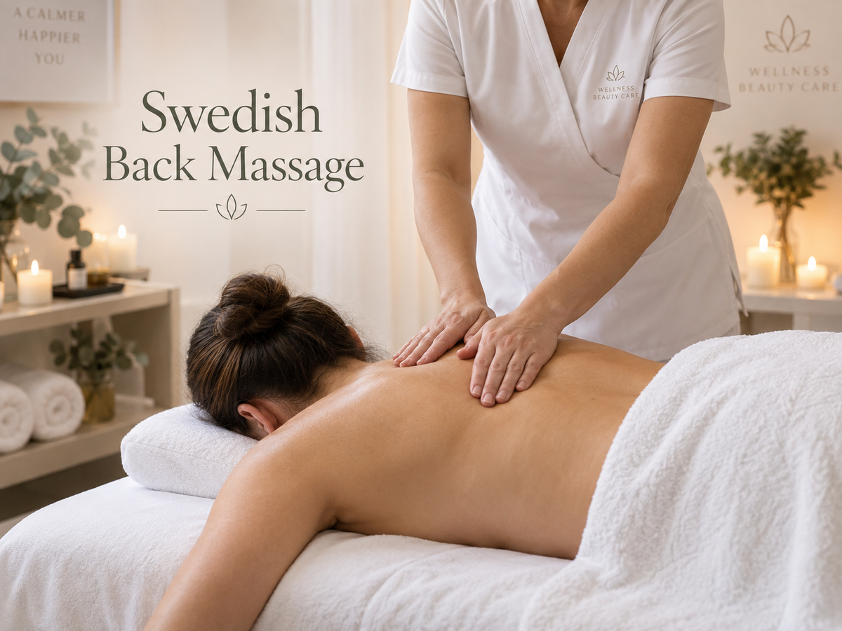 A woman receives a Swedish back massage on a white treatment table, with a therapist in a white uniform standing behind her. The scene is softly lit with candles and spa decor, and the text 'Swedish Back Massage' appears on the left.