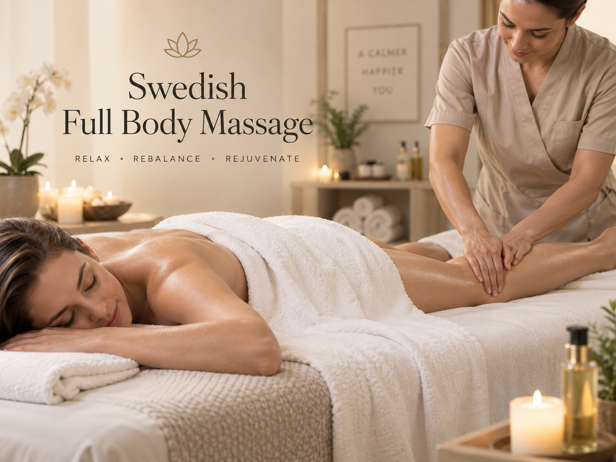 A woman receives a Swedish full body massage on a spa treatment table, wrapped in white towels, while another woman in beige uniform massages her leg. The scene is warmly lit with candles and spa decor, with the text 'Swedish Full Body Massage' and 'RELAX • REBALANCE • REJUVENATE' on the left.