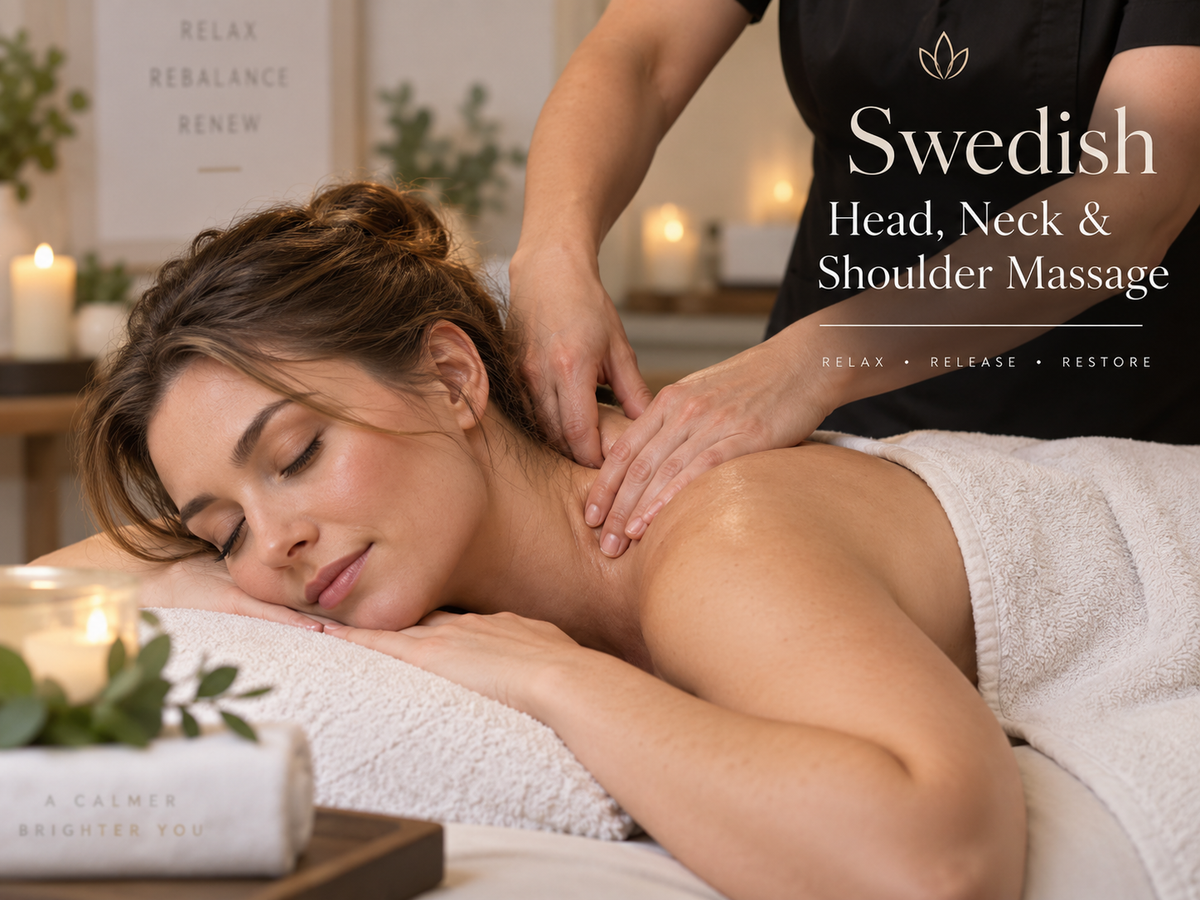 A woman lies face down on a massage table while another person applies Swedish head, neck, and shoulder massage. The scene is warmly lit with candles, and the text 'Swedish Head, Neck & Shoulder Massage' appears on the right.