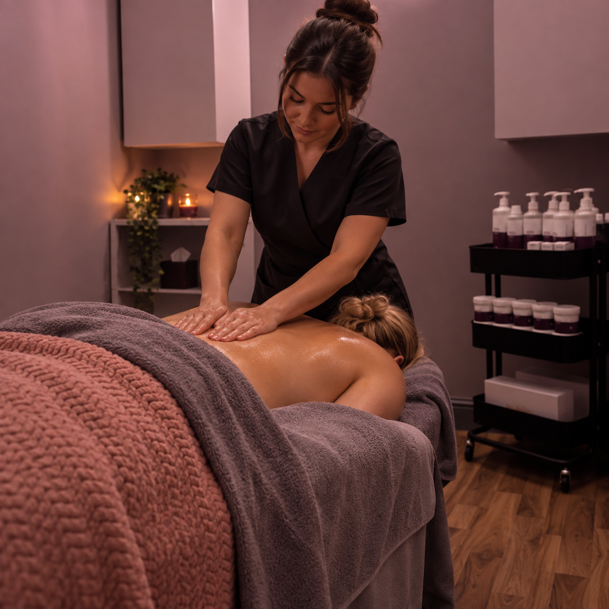 A massage therapist in black scrubs performs a back massage on a client lying face down on a massage table in a spa setting. The room has warm ambient lighting, a wooden floor, and a cart stocked with bottles in the background.