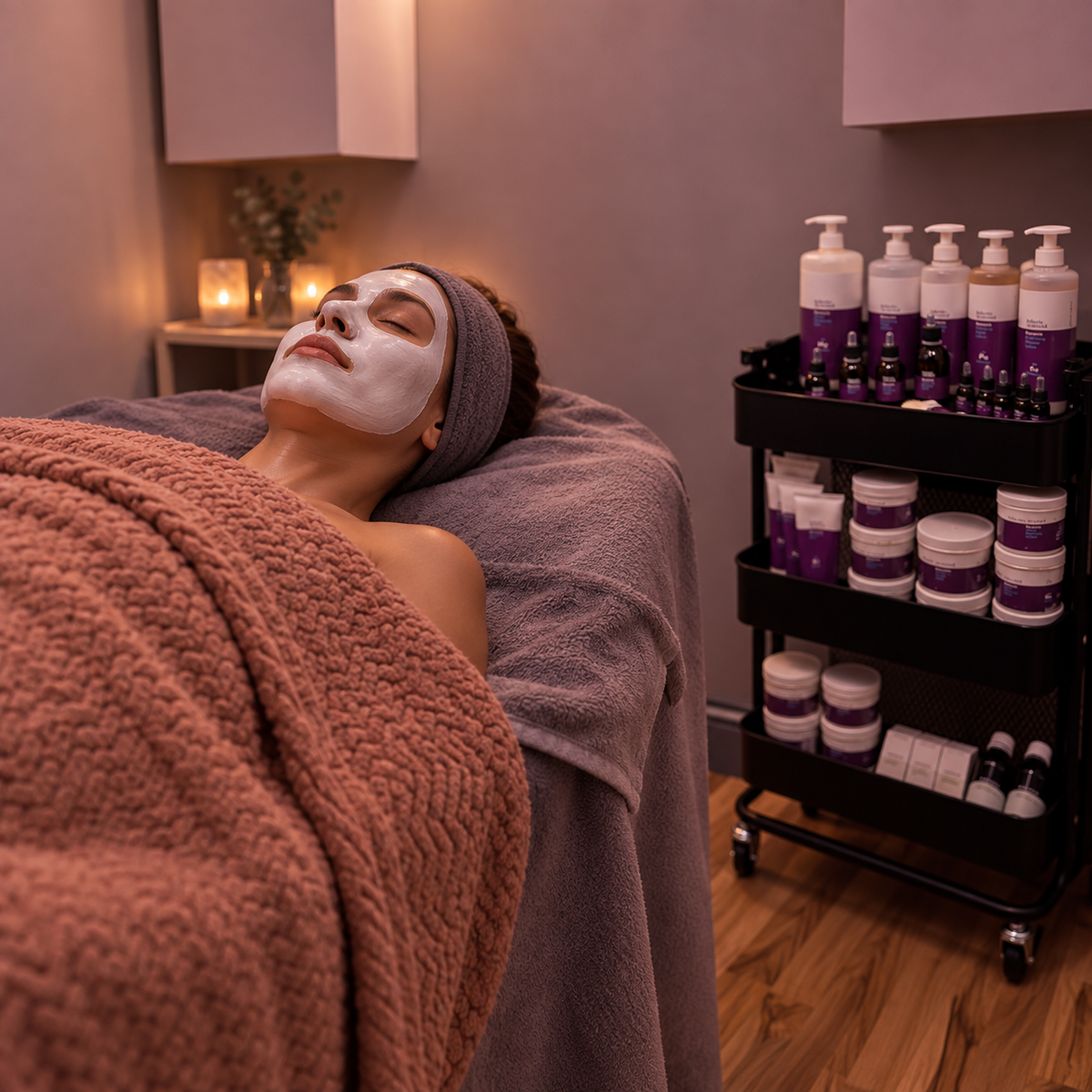 A person lying on a spa treatment bed with a white face mask and a gray headband, wrapped in a rust-colored blanket. A black rolling cart filled with purple and white skincare bottles and jars stands beside the bed in a softly lit spa room.