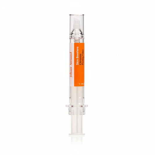 Juliette Armand Chronos Hydra Filler Gel – hyaluronic wrinkle filler Skincare serum with orange cap and white body on a white background