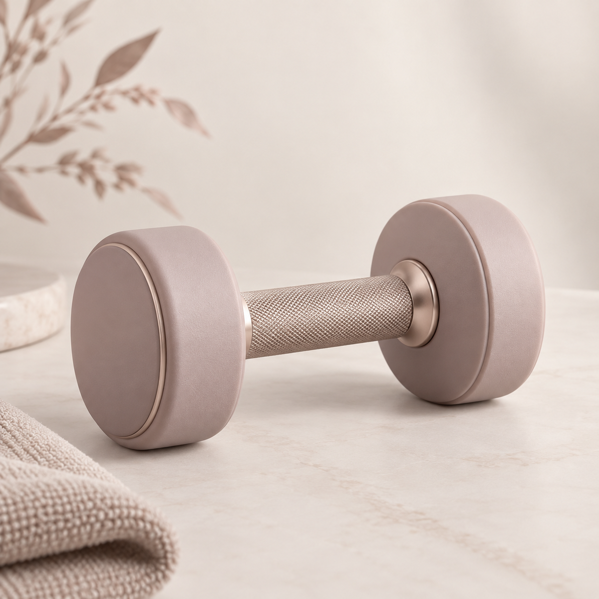 A single adjustable dumbbell with round padded ends and a textured metallic handle, shown on a light marble surface with soft neutral decor in the background.