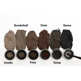 Color swatches of eyeshadows labeled 'Bombshell', 'Siren', 'Raven', 'Smoke', 'Foxy', and 'Vamp' on a white background.