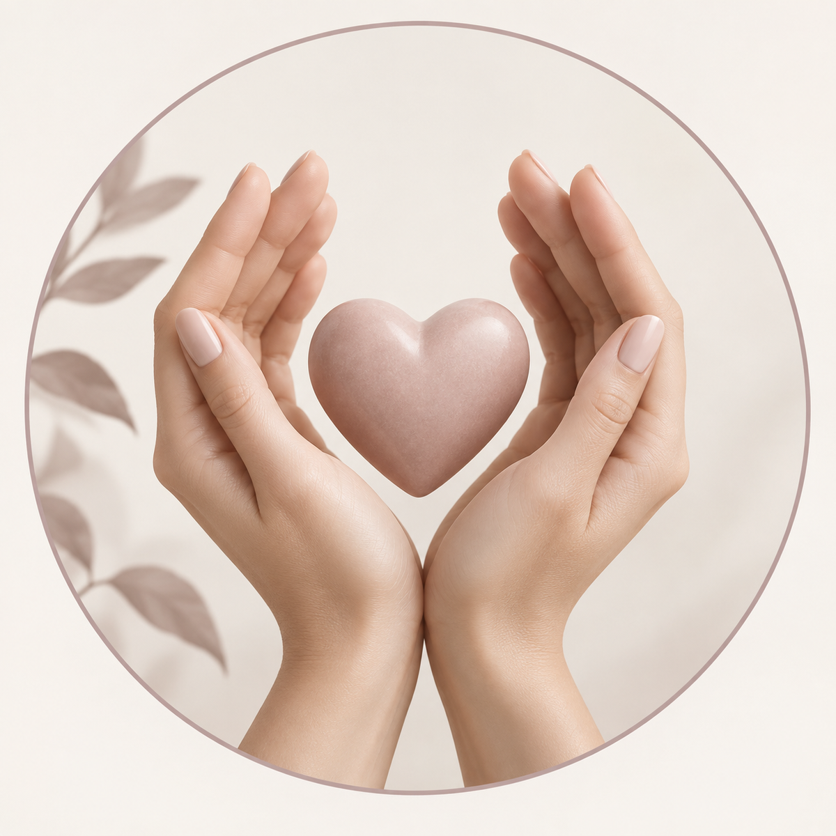 Two hands with pale pink manicured nails gently cradle a smooth, matte pink heart-shaped stone, framed within a circular border with soft leaf shadows on a warm cream background.