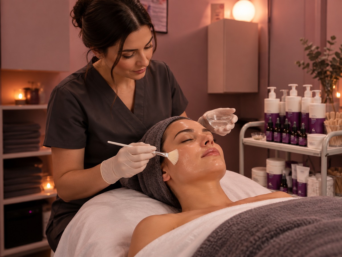 A spa treatment scene with a therapist applying a facial mask or cream to a client's face using a brush, with skincare bottles and towels visible in a warmly lit treatment room.
