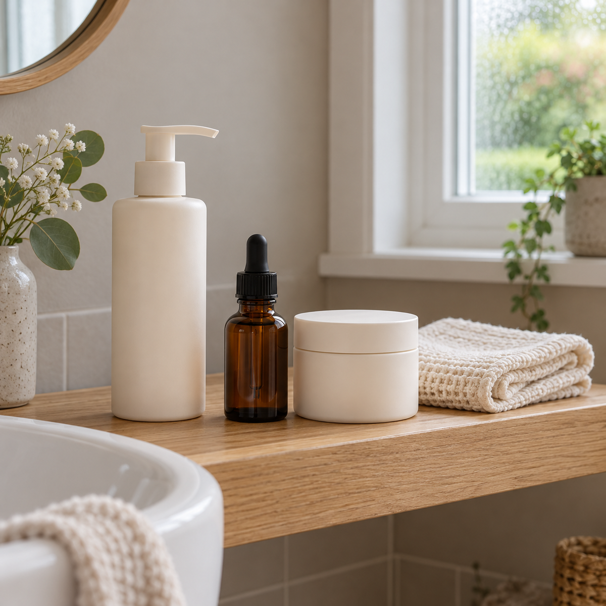 Three minimalist bathroom skincare containers arranged on a wooden vanity shelf: a tall matte cream pump bottle, a small amber glass dropper bottle with a black cap, and a round matte cream jar. A folded cream towel and a vase with small white flowers sit beside them, with a window and greenery in the background.
