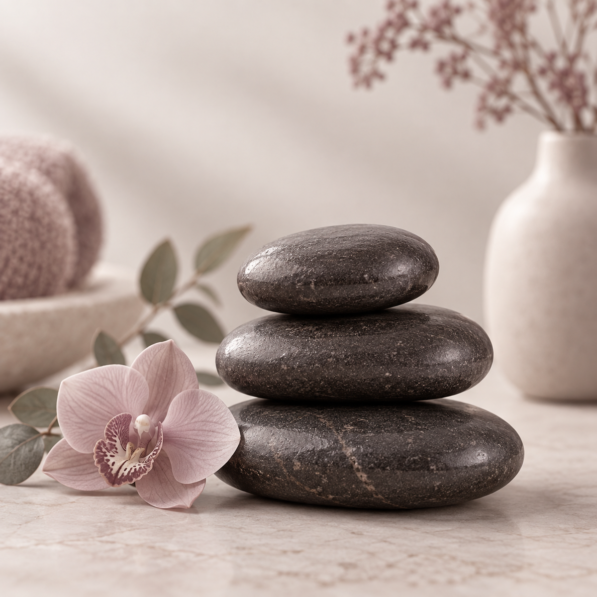 Three stacked smooth dark spa stones on a light stone surface, styled with a pale pink orchid flower and soft neutral decor in the background.
