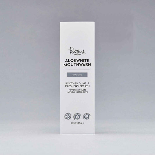 Polished London AloeWhite Mouthwash 200ml box, front view