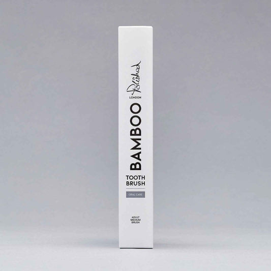 Polished London Bamboo Toothbrush box showing adult medium brush label