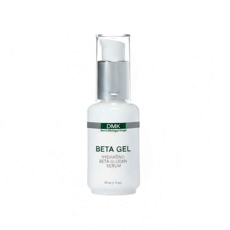 A white pump bottle labeled DMK Beta Gel, Hydrating Beta-Glucan Serum.