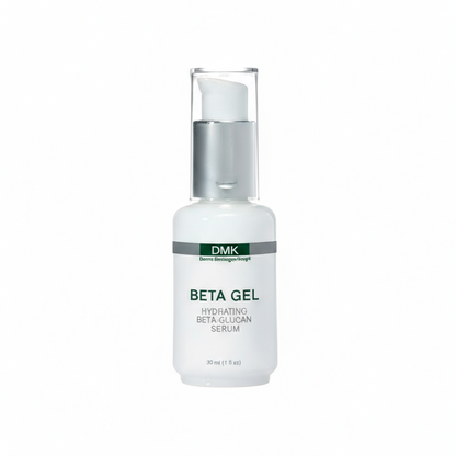 A white pump bottle labeled DMK Beta Gel, Hydrating Beta-Glucan Serum.