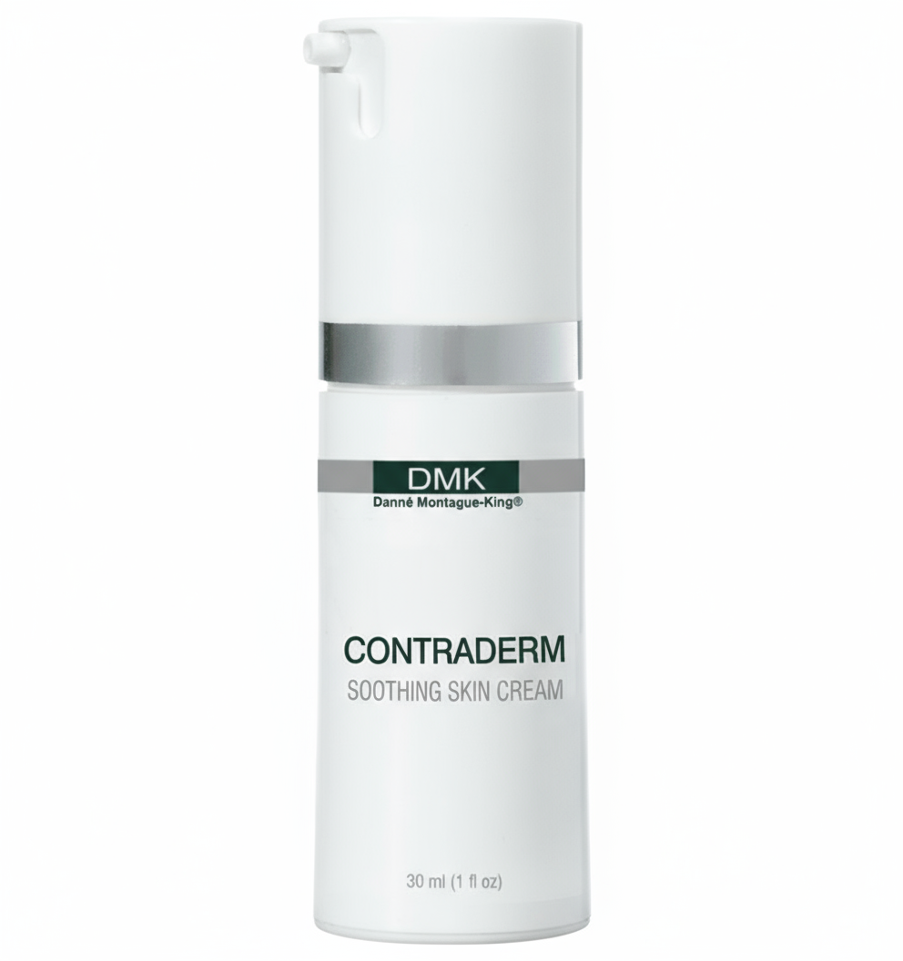 A pump bottle of DMK Contraderm Soothing Skin Cream.