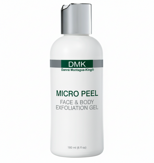 A bottle of DMK Micro Peel exfoliation gel for face and body.