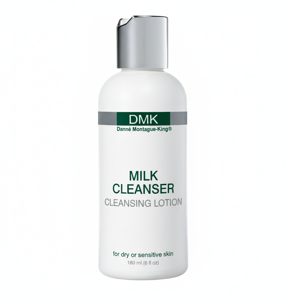 A bottle of DMK Milk Cleanser Cleansing Lotion for dry or sensitive skin.