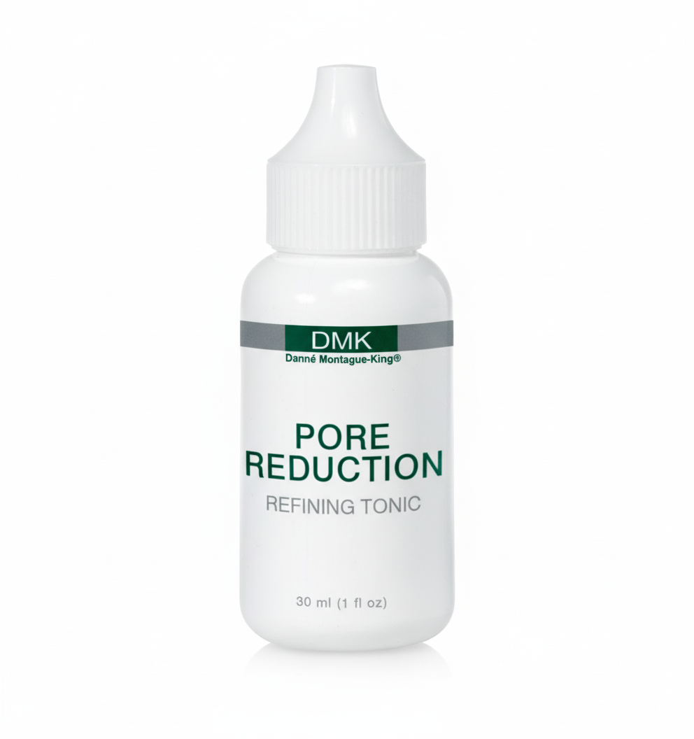 A bottle of DMK Pore Reduction Refining Tonic, designed to minimize the appearance of enlarged pores.