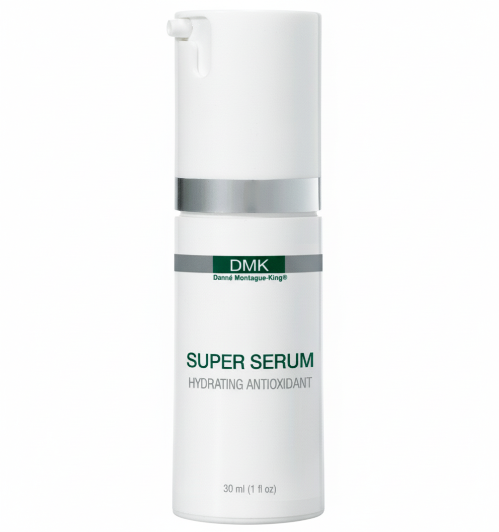 A white bottle labeled 'DMK SUPER SERUM' with a pump dispenser, in a plain background.