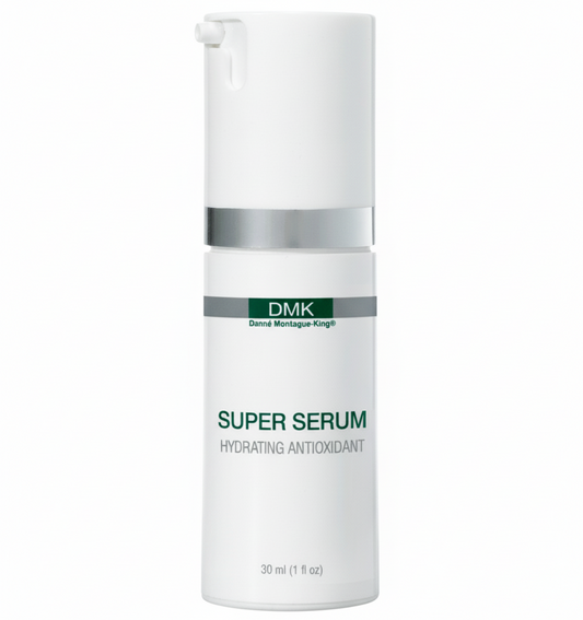 A white bottle labeled 'DMK SUPER SERUM' with a pump dispenser, in a plain background.
