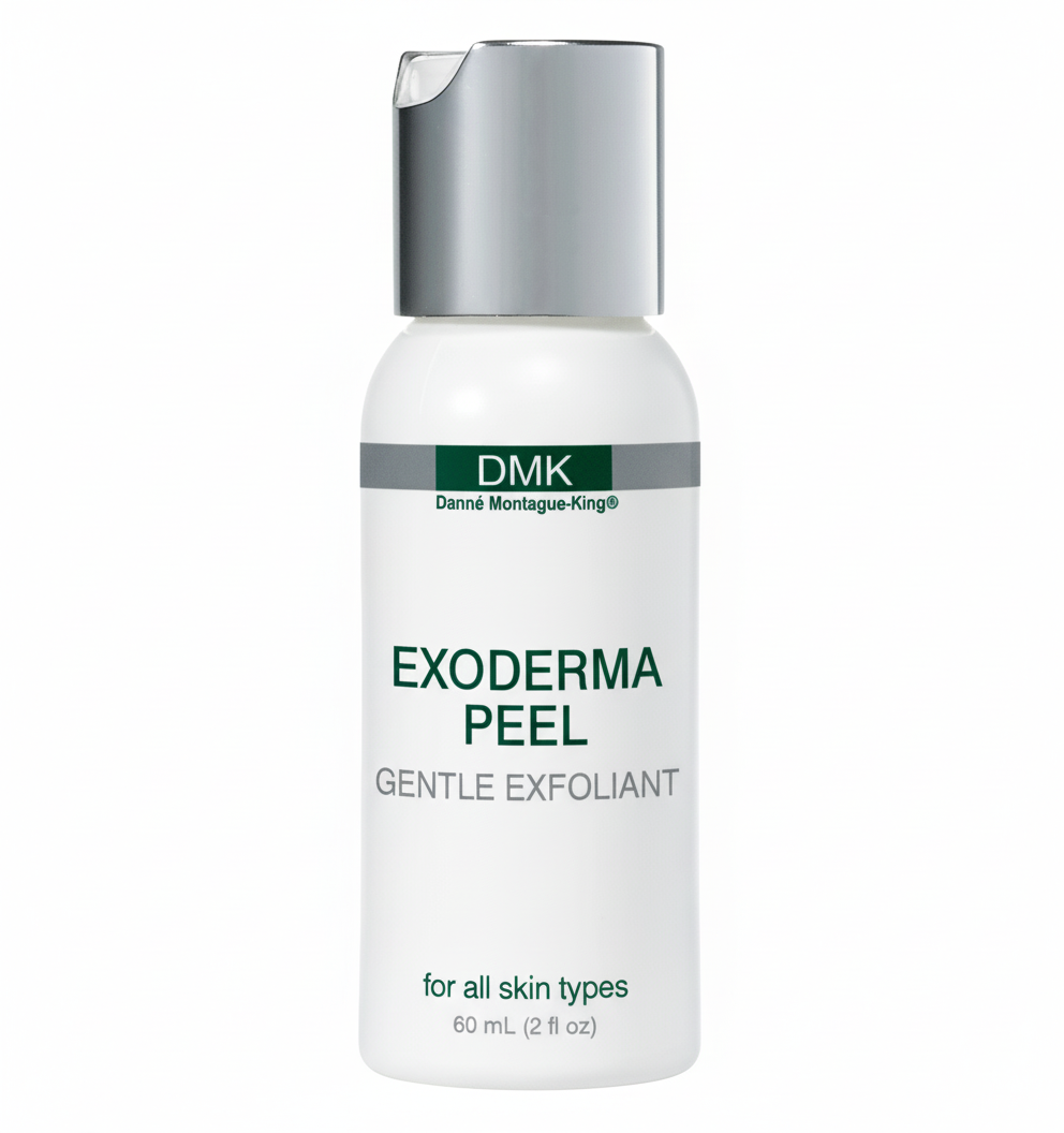 A bottle of DMK Exoderma Peel, labeled as a gentle exfoliant suitable for all skin types.