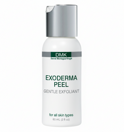 A bottle of DMK Exoderma Peel, labeled as a gentle exfoliant suitable for all skin types.
