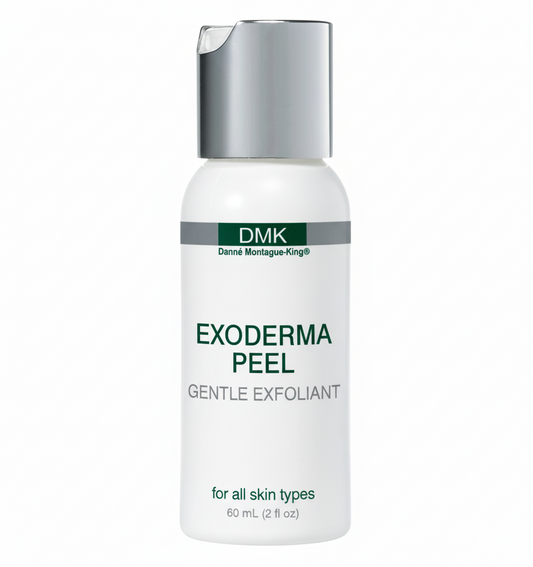 A bottle of DMK Exoderma Peel, labeled as a gentle exfoliant suitable for all skin types.