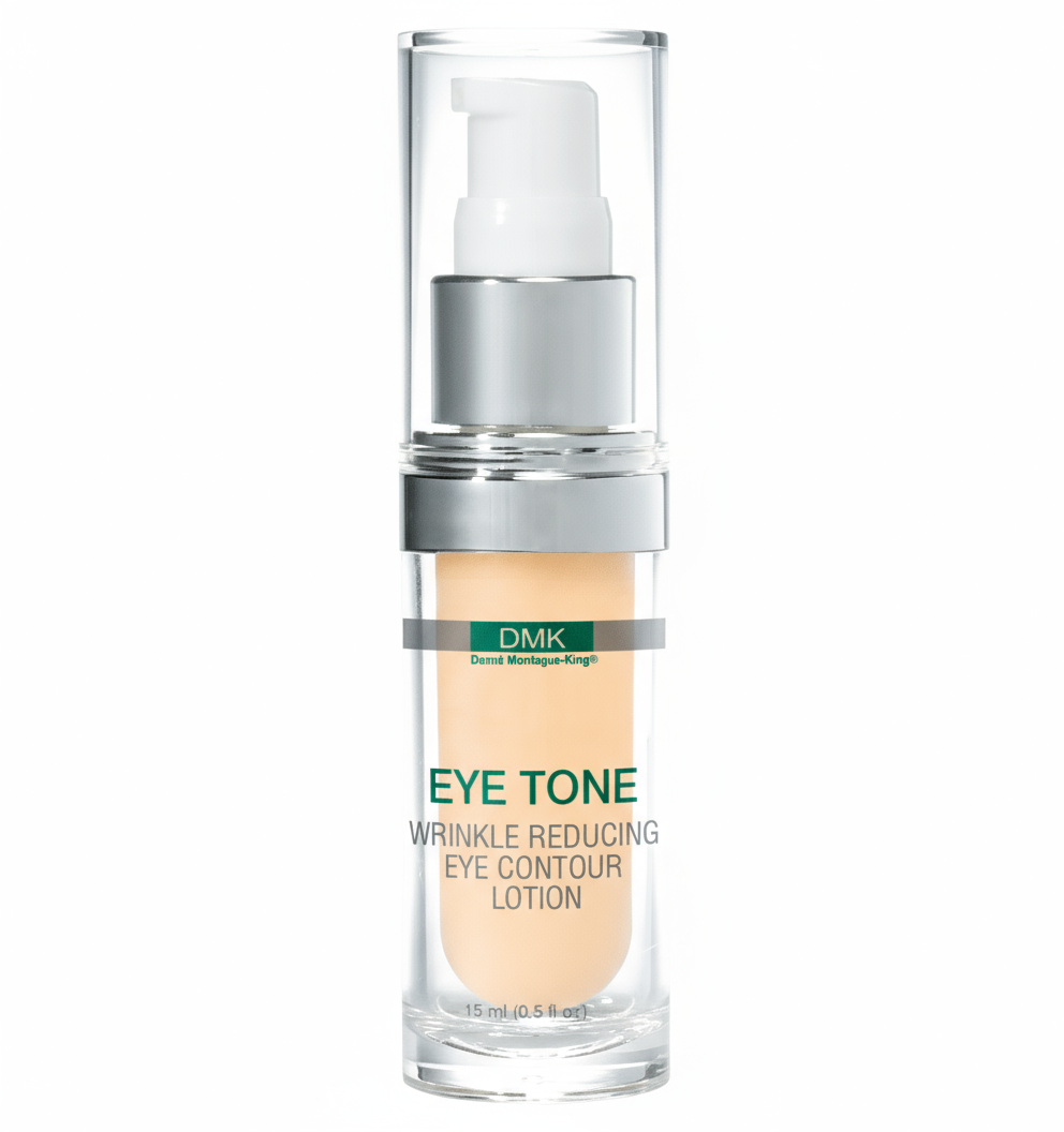 A pump bottle of DMK Eye Tone Wrinkle Reducing Eye Contour Lotion.