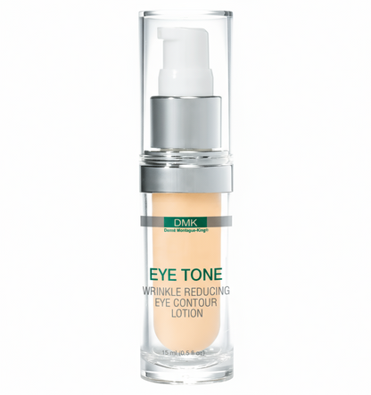 A pump bottle of DMK Eye Tone Wrinkle Reducing Eye Contour Lotion.