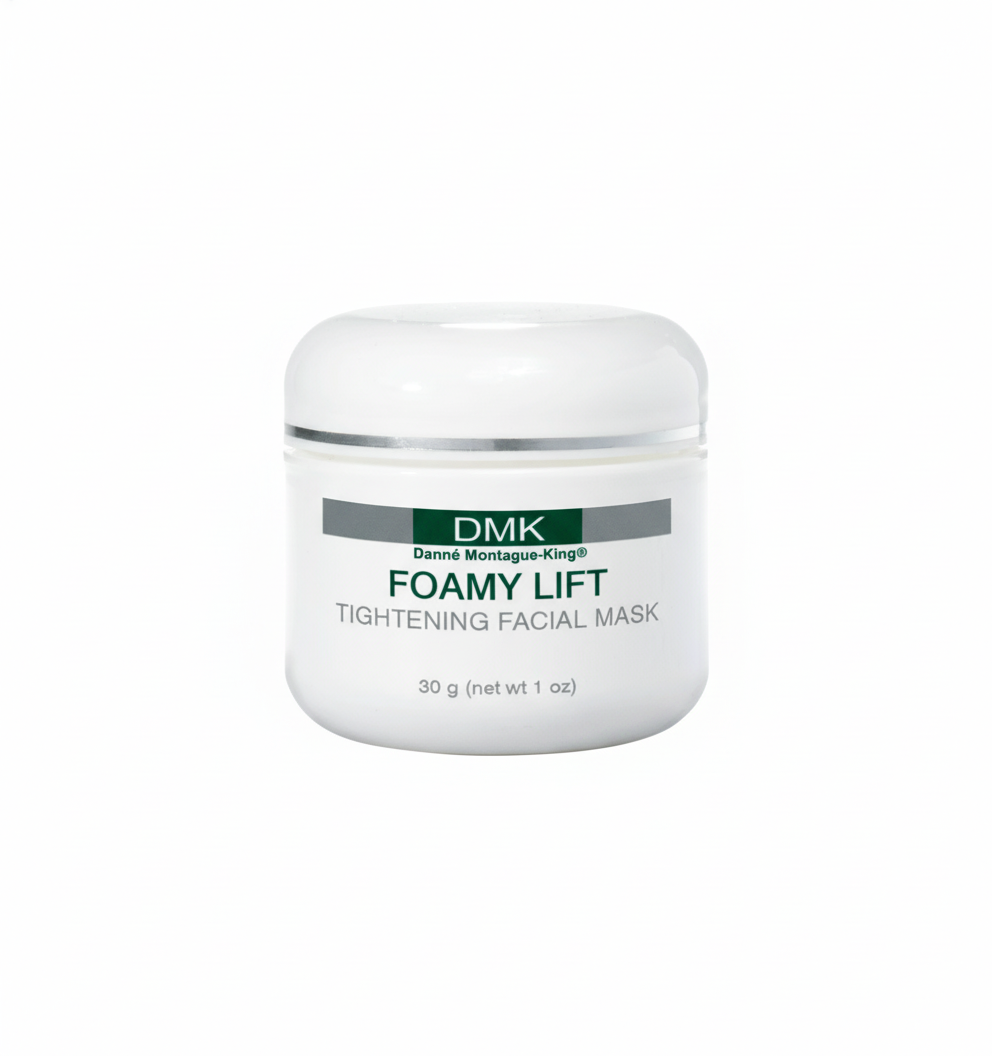 A container of DMK Foamy Lift Tightening Facial Mask, indicating a weight of 30g (net wt 1 oz).