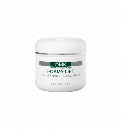 A container of DMK Foamy Lift Tightening Facial Mask, indicating a weight of 30g (net wt 1 oz).