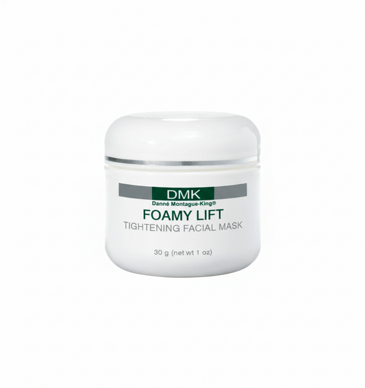 A container of DMK Foamy Lift Tightening Facial Mask, indicating a weight of 30g (net wt 1 oz).