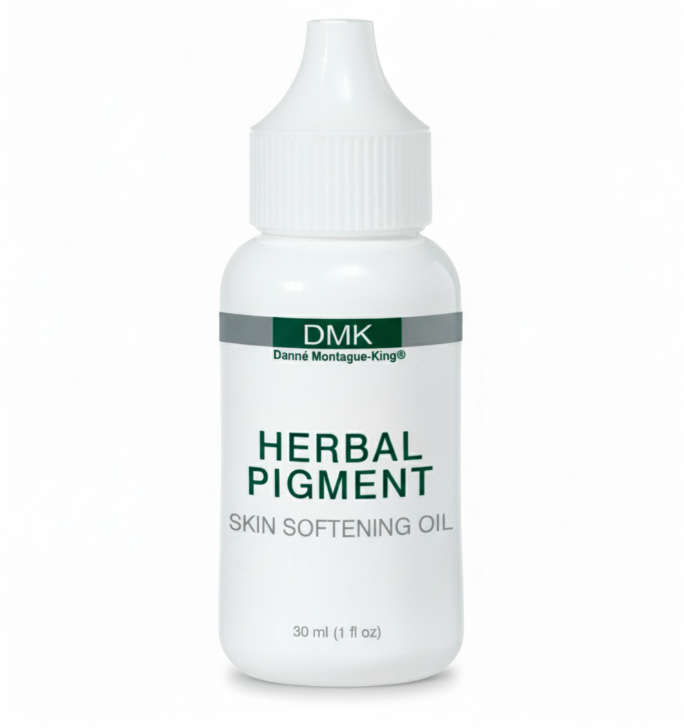 A bottle of DMK Herbal Pigment Skin Softening Oil designed for treating dark spots and uneven skin tone.