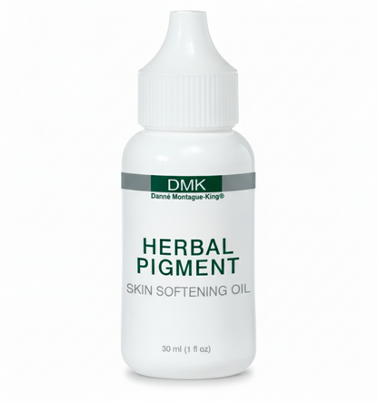 A bottle of DMK Herbal Pigment Skin Softening Oil designed for treating dark spots and uneven skin tone.