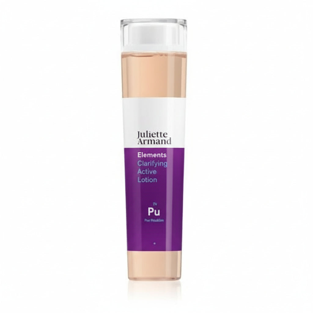 Cosmetic bottle with purple label on a white background