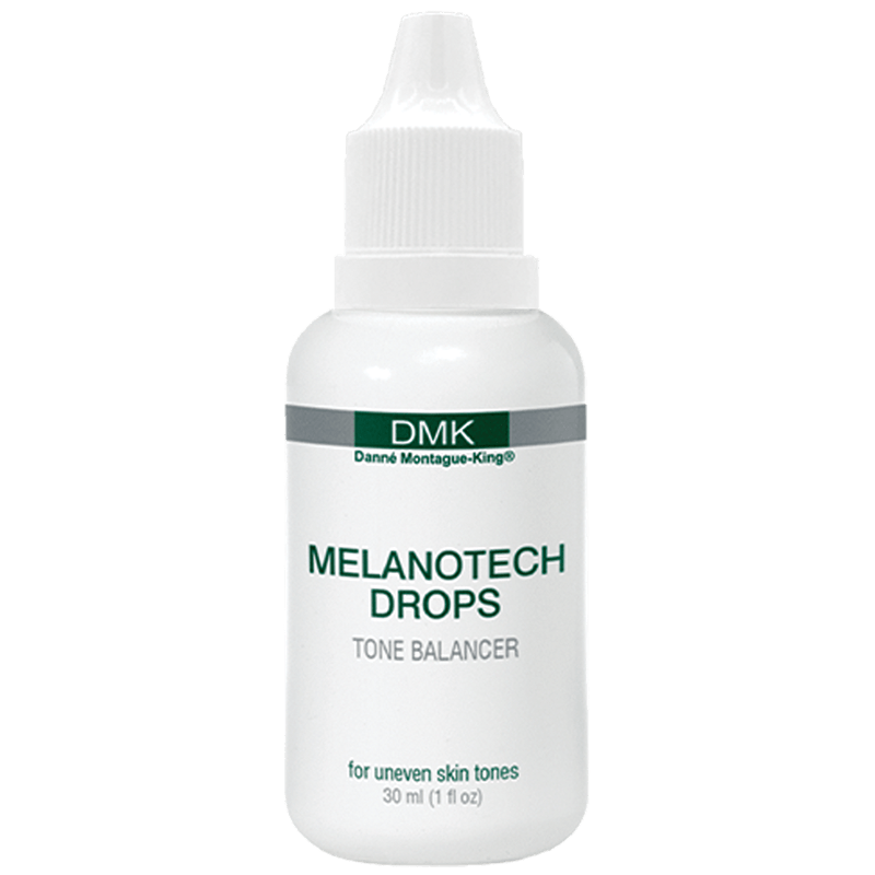 DMK Melanotech Drops, like licorice and hilidrys siliquosa extract, work together to stop excess melanin production, reducing dark spots and uneven skin tone.