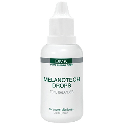 DMK Melanotech Drops, like licorice and hilidrys siliquosa extract, work together to stop excess melanin production, reducing dark spots and uneven skin tone.