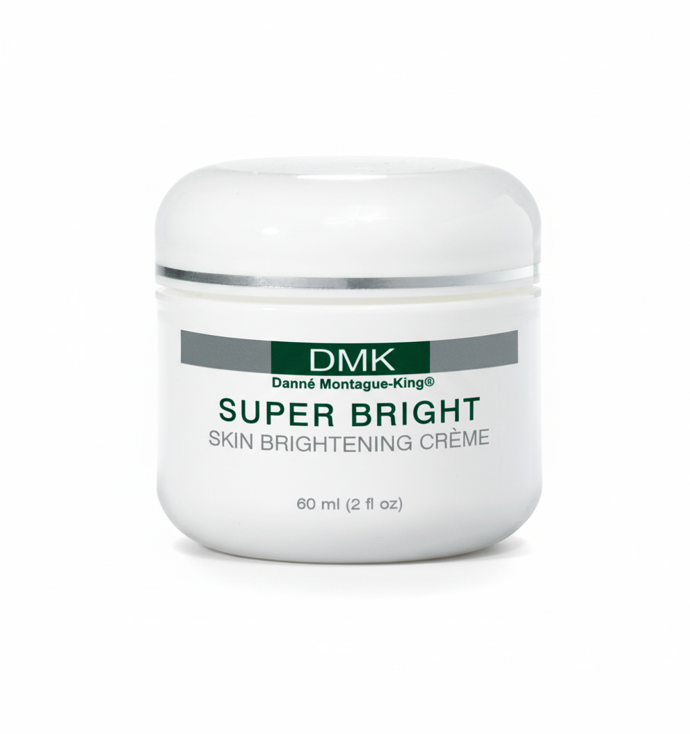 A jar of DMK Super Bright Skin Brightening Cream, with white and green labeling, indicating it is a skin care product designed to brighten the skin.