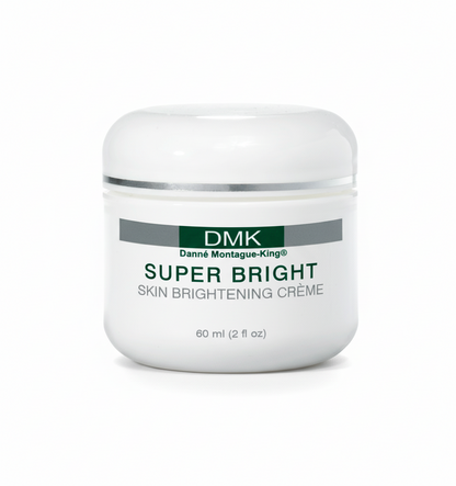 A jar of DMK Super Bright Skin Brightening Cream, with white and green labeling, indicating it is a skin care product designed to brighten the skin.