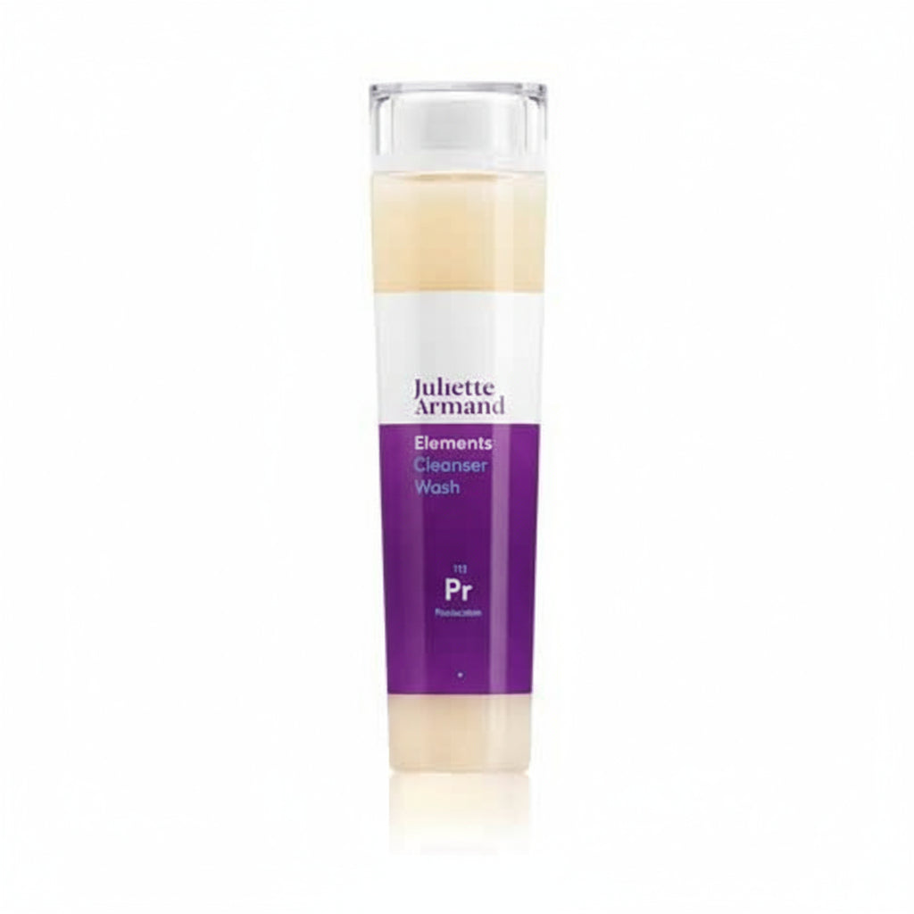 Skincare bottle with purple label on a white background