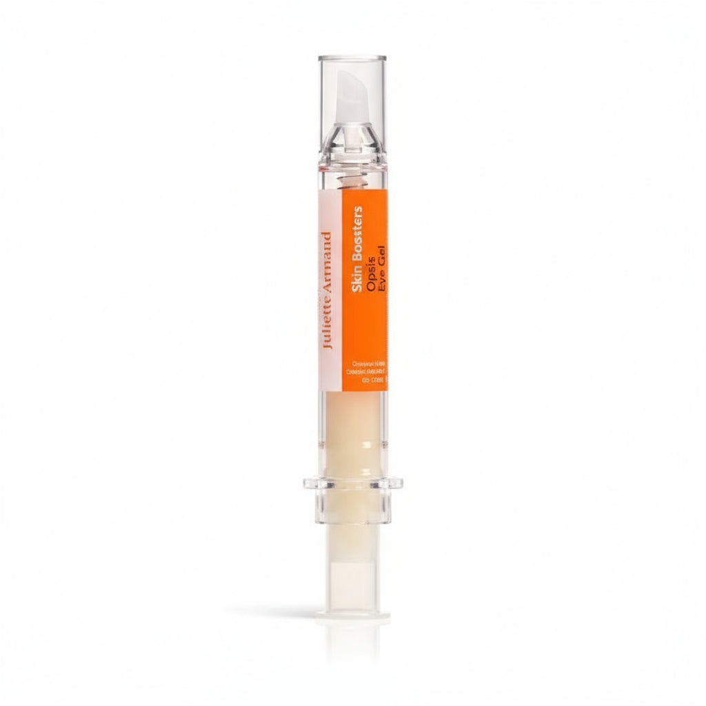 A syringe-like applicator with orange and white packaging labeled 'Opsis Eye Gel'.