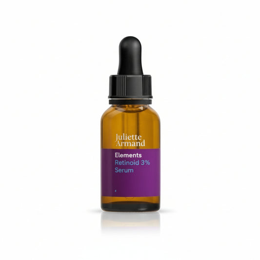 Bottle of Juliette Armand retinod 3% serum with dropper on a white background