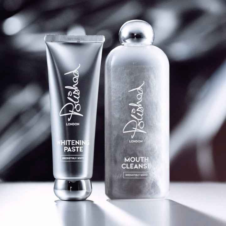 Polished London Whitening Paste tube and Mouth Cleanse bottle in a lifestyle setting
